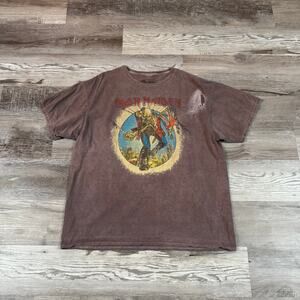 Iron Maiden Eddie Graphic T Shirt Brown Distressed Rock Band Tee Medium